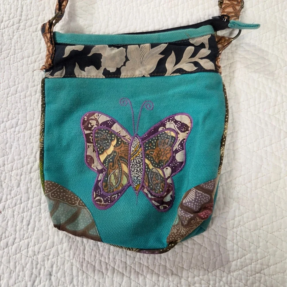 Boho Butterfly Patchwork Teal Canvas Crossbody‎ Bag Batik Floral Hippie Festival
